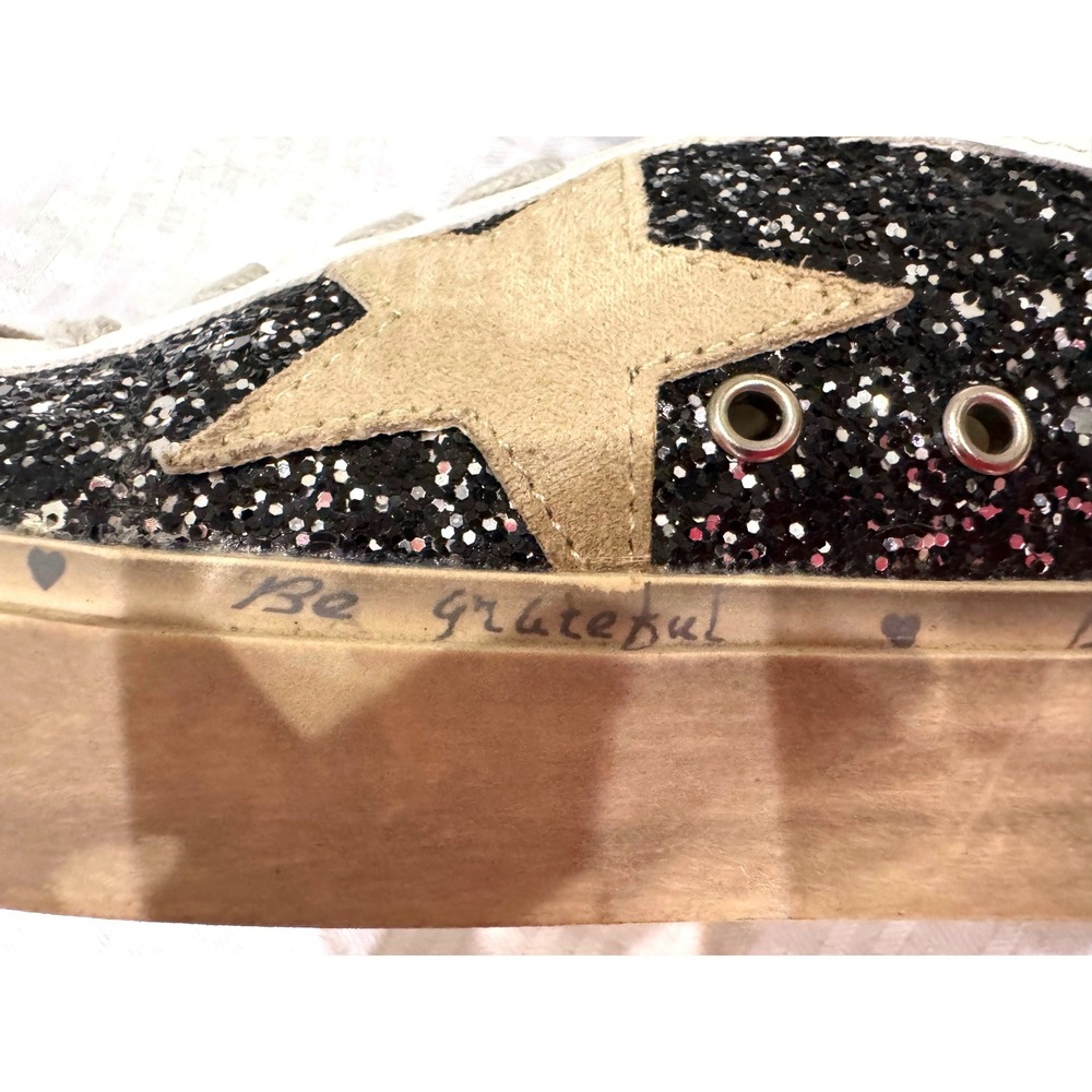 Shu Shop Sneakers Womens 8.5 White Black Glitter Star Patch Platform Streetwear - Picture 6 of 10